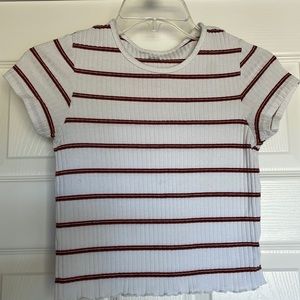 American Eagle Women Brown/Navy Horizontal Stripe Ribbed Lettuce Hem Crop Top